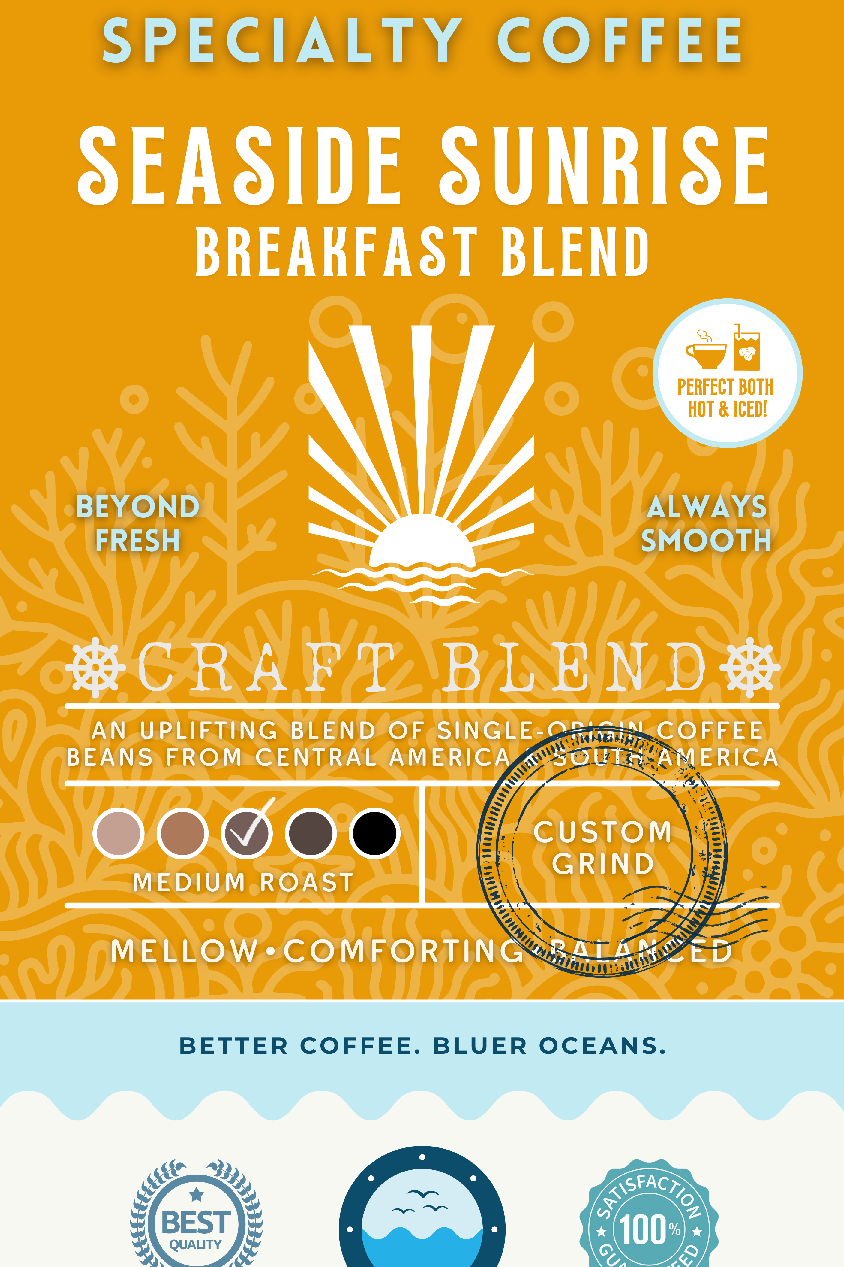 Seaside Sunrise Breakfast Blend coffee packaging featuring a medium roast with mellow, comforting, and balanced flavors. A craft blend perfect hot or iced, with eco-conscious branding supporting cleaner oceans.