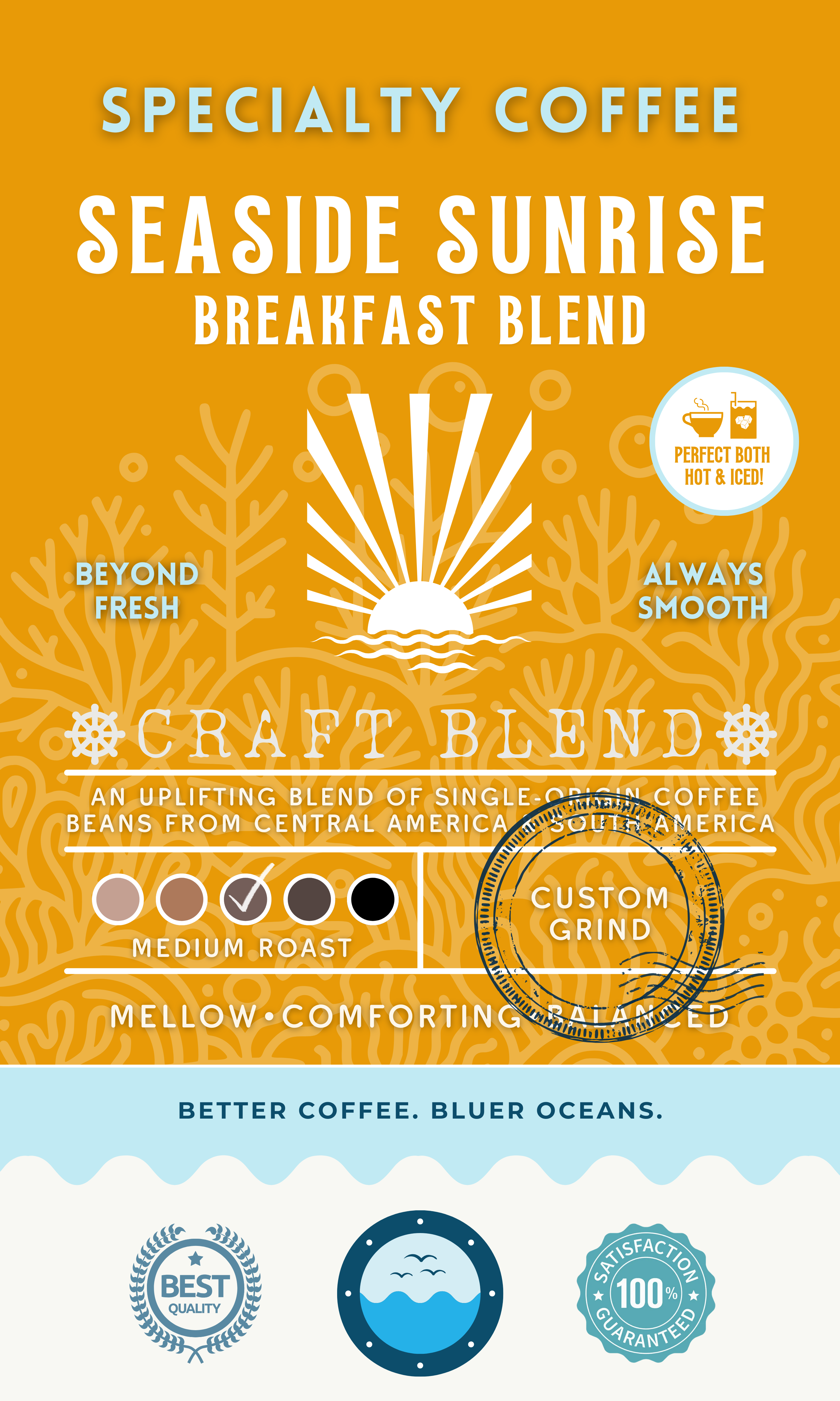 Seaside Sunrise Breakfast Blend coffee packaging featuring a medium roast with mellow, comforting, and balanced flavors. A craft blend perfect hot or iced, with eco-conscious branding supporting cleaner oceans.