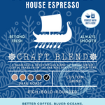 Ocean Odyssey House Espresso coffee packaging featuring a dark roast blend of single-origin coffee beans, delivering rich, bold, and rounded flavors. Eco-conscious branding supporting cleaner oceans.