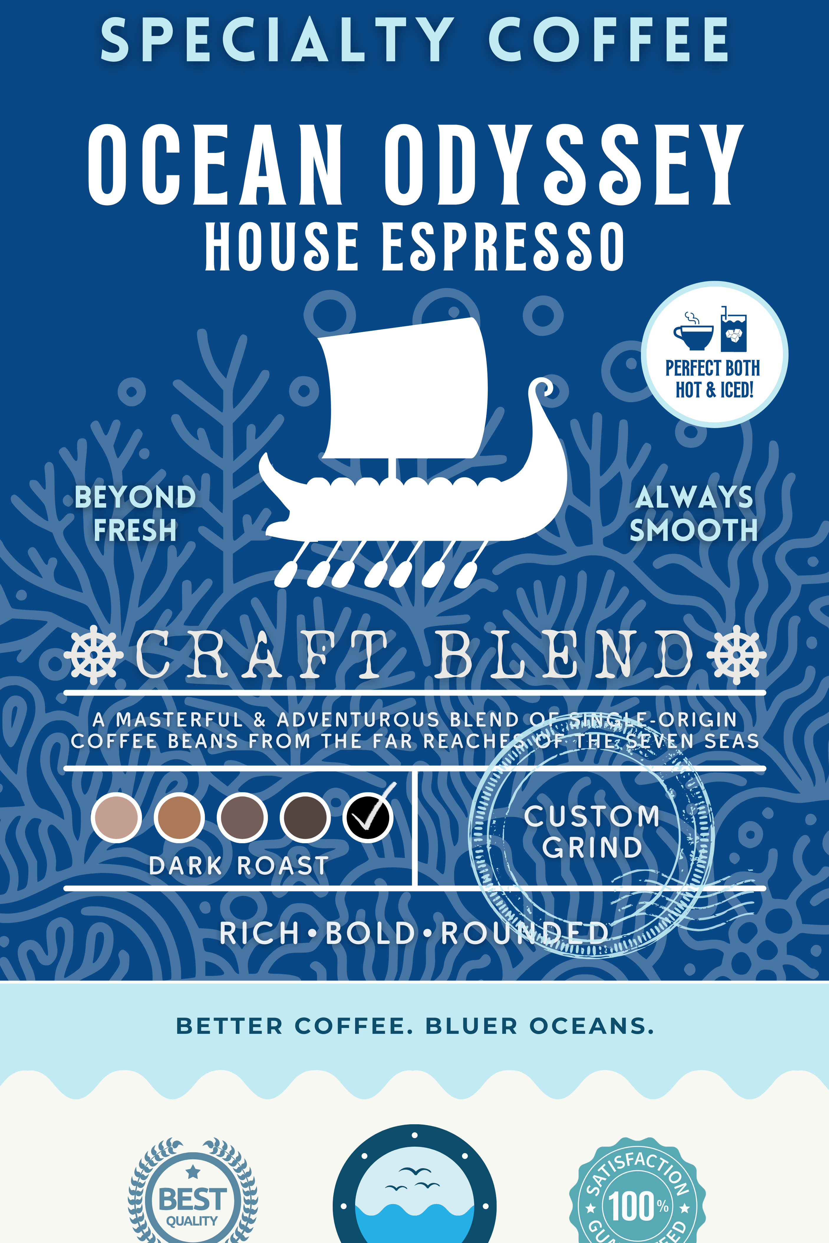 Ocean Odyssey House Espresso coffee packaging featuring a dark roast blend of single-origin coffee beans, delivering rich, bold, and rounded flavors. Eco-conscious branding supporting cleaner oceans.
