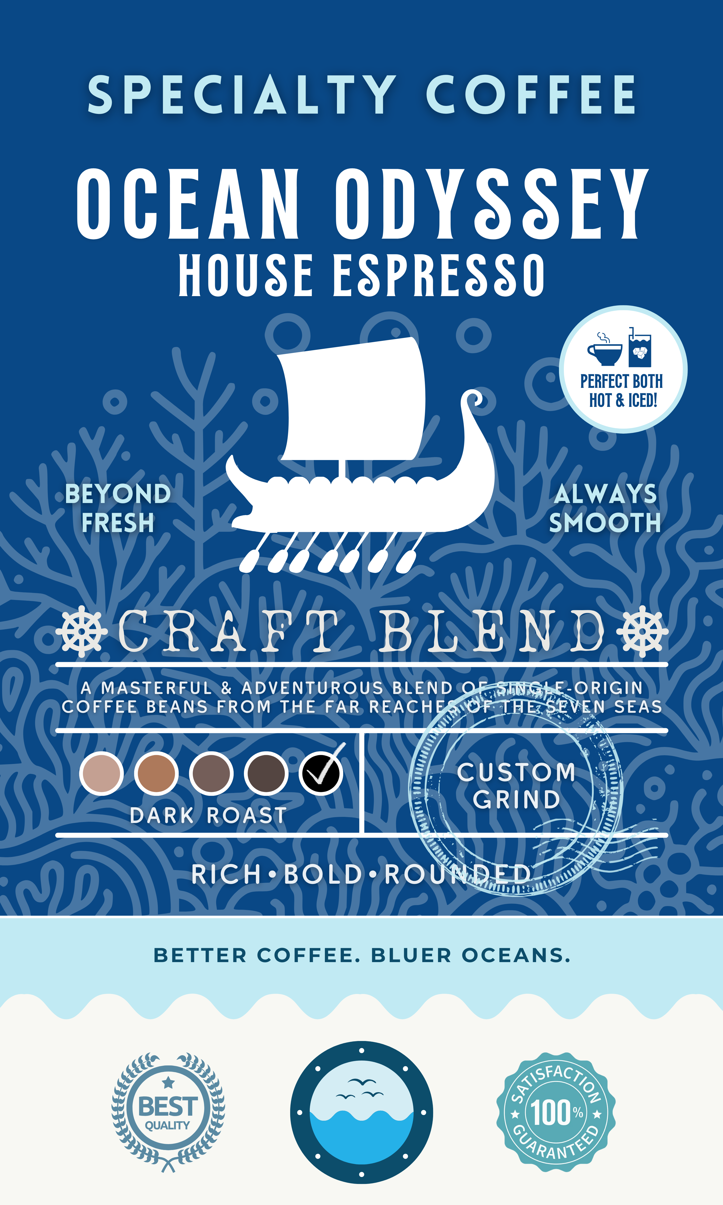Ocean Odyssey House Espresso coffee packaging featuring a dark roast blend of single-origin coffee beans, delivering rich, bold, and rounded flavors. Eco-conscious branding supporting cleaner oceans.