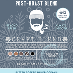 Fisherman's Fuel Post-Roast Blend coffee packaging featuring a medium-dark roast with hearty, smoky, and robust flavors. A craft blend perfect hot or iced, with eco-conscious branding supporting cleaner oceans.