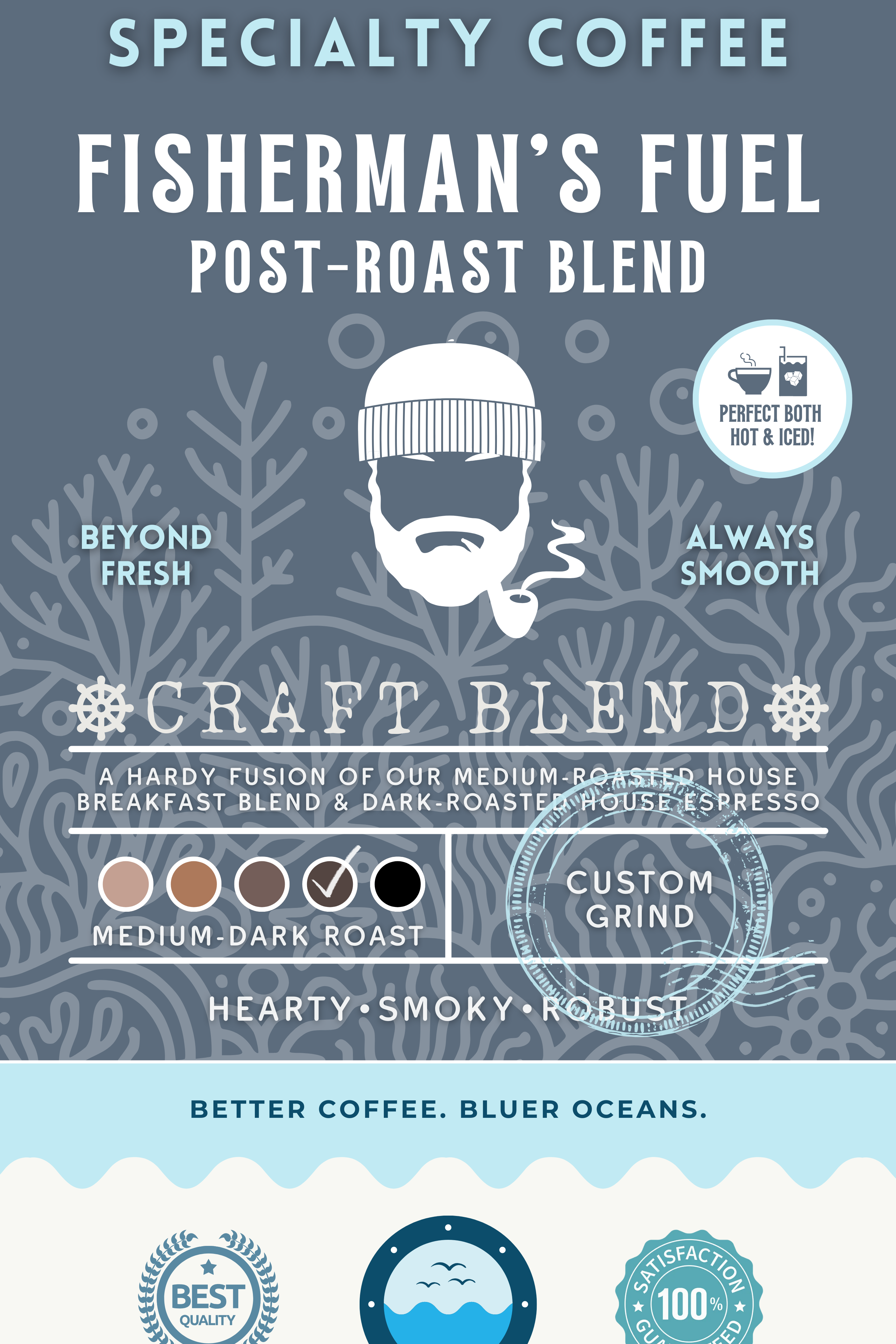 Fisherman's Fuel Post-Roast Blend coffee packaging featuring a medium-dark roast with hearty, smoky, and robust flavors. A craft blend perfect hot or iced, with eco-conscious branding supporting cleaner oceans.