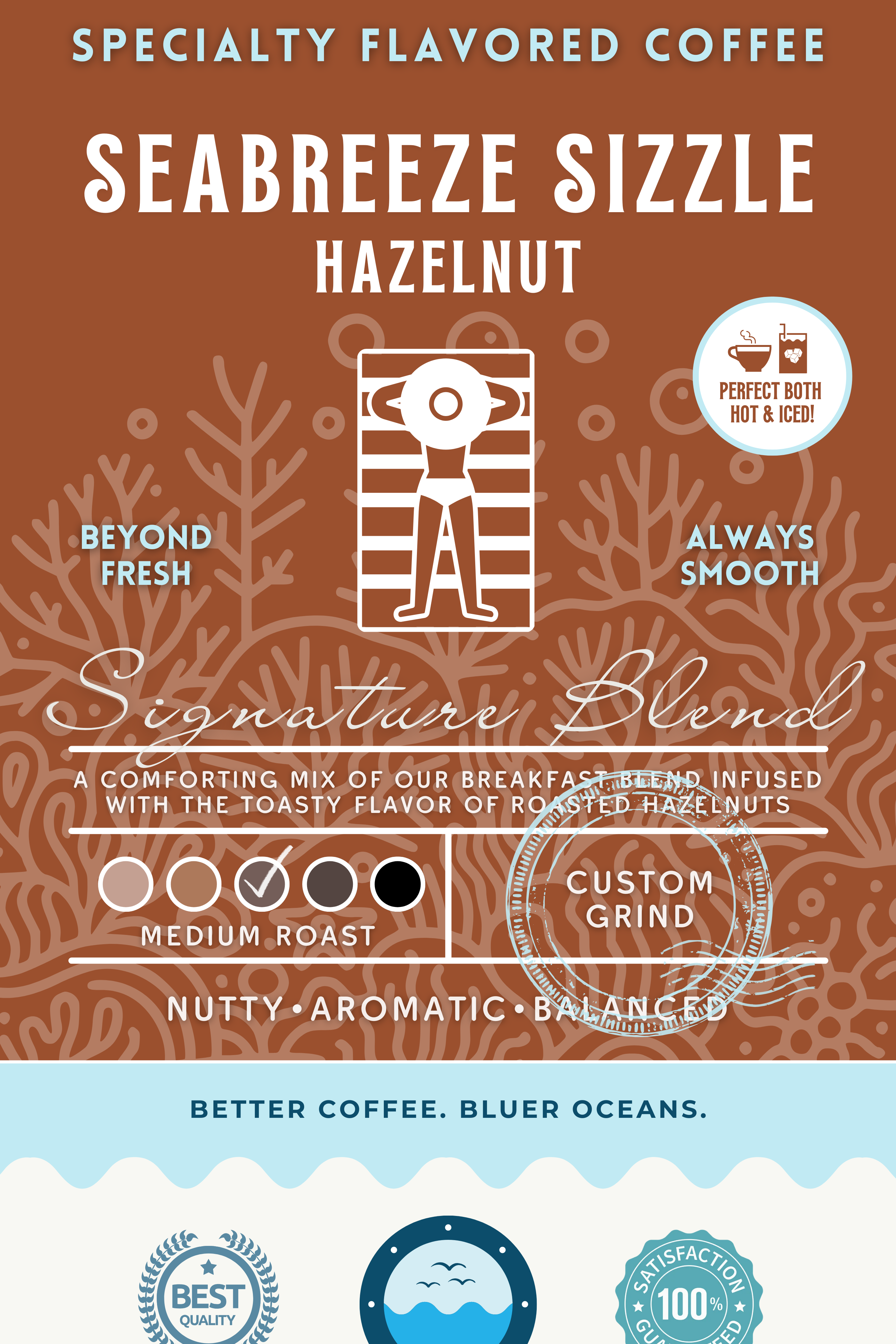 Seabreeze Sizzle Hazelnut coffee packaging showcasing a medium roast signature blend infused with roasted hazelnut flavor. Perfect hot or iced, with eco-friendly branding supporting cleaner oceans.