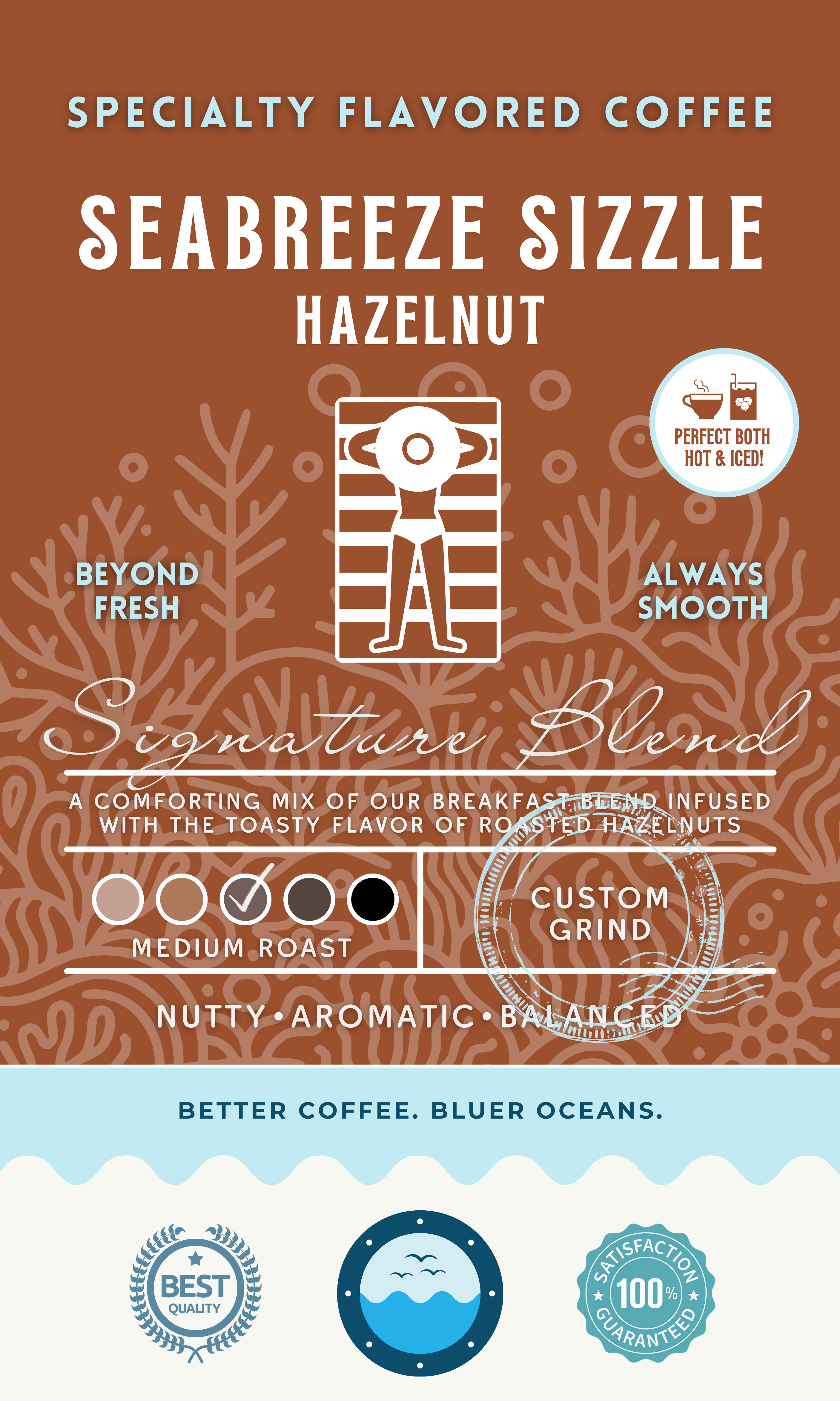 Seabreeze Sizzle Hazelnut coffee packaging showcasing a medium roast signature blend infused with roasted hazelnut flavor. Perfect hot or iced, with eco-friendly branding supporting cleaner oceans.