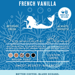 Mermaid's Melody French Vanilla coffee packaging featuring a medium roast blend infused with creamy waves of French vanilla. Eco-conscious branding supporting cleaner oceans.