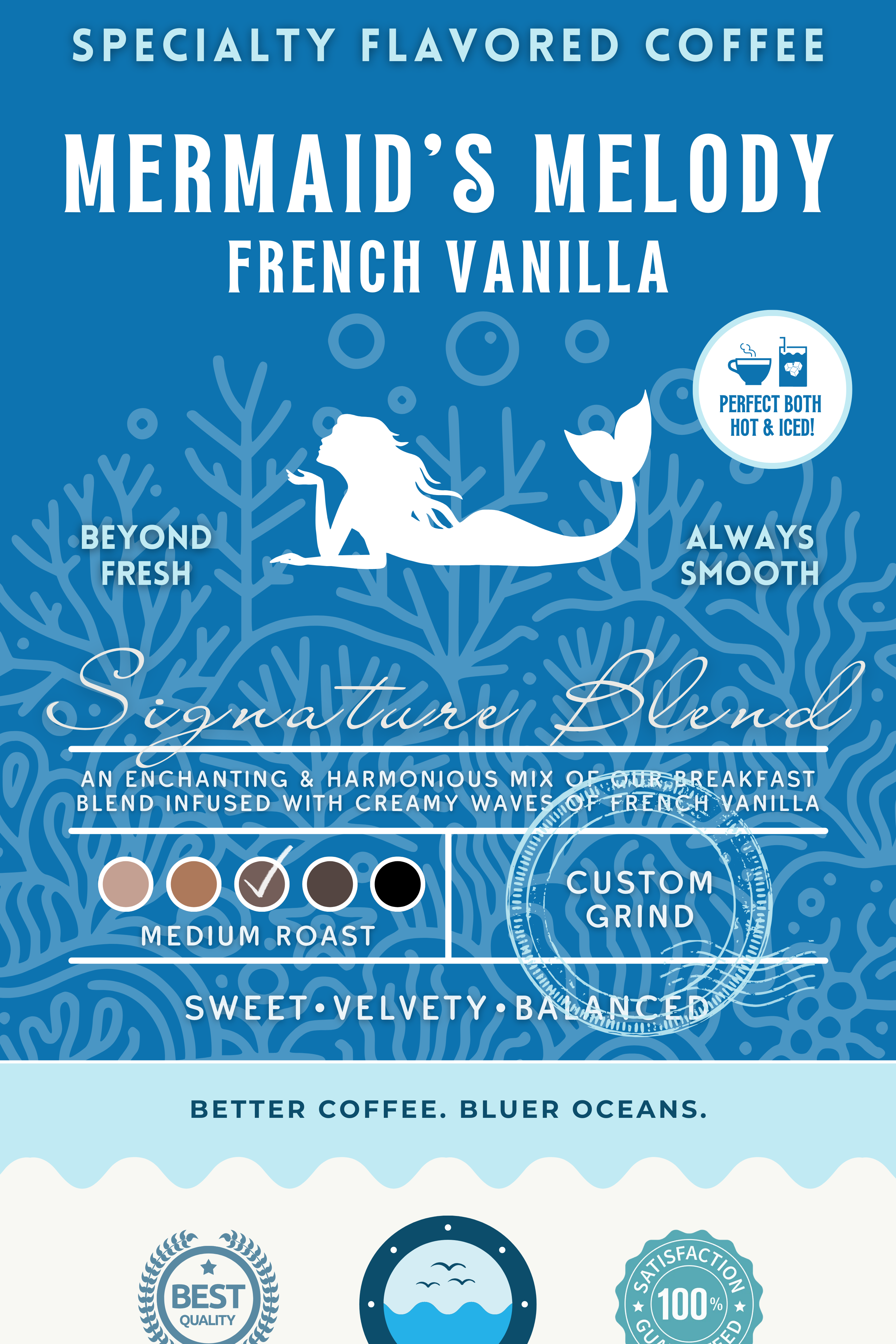 Mermaid's Melody French Vanilla coffee packaging featuring a medium roast blend infused with creamy waves of French vanilla. Eco-conscious branding supporting cleaner oceans.