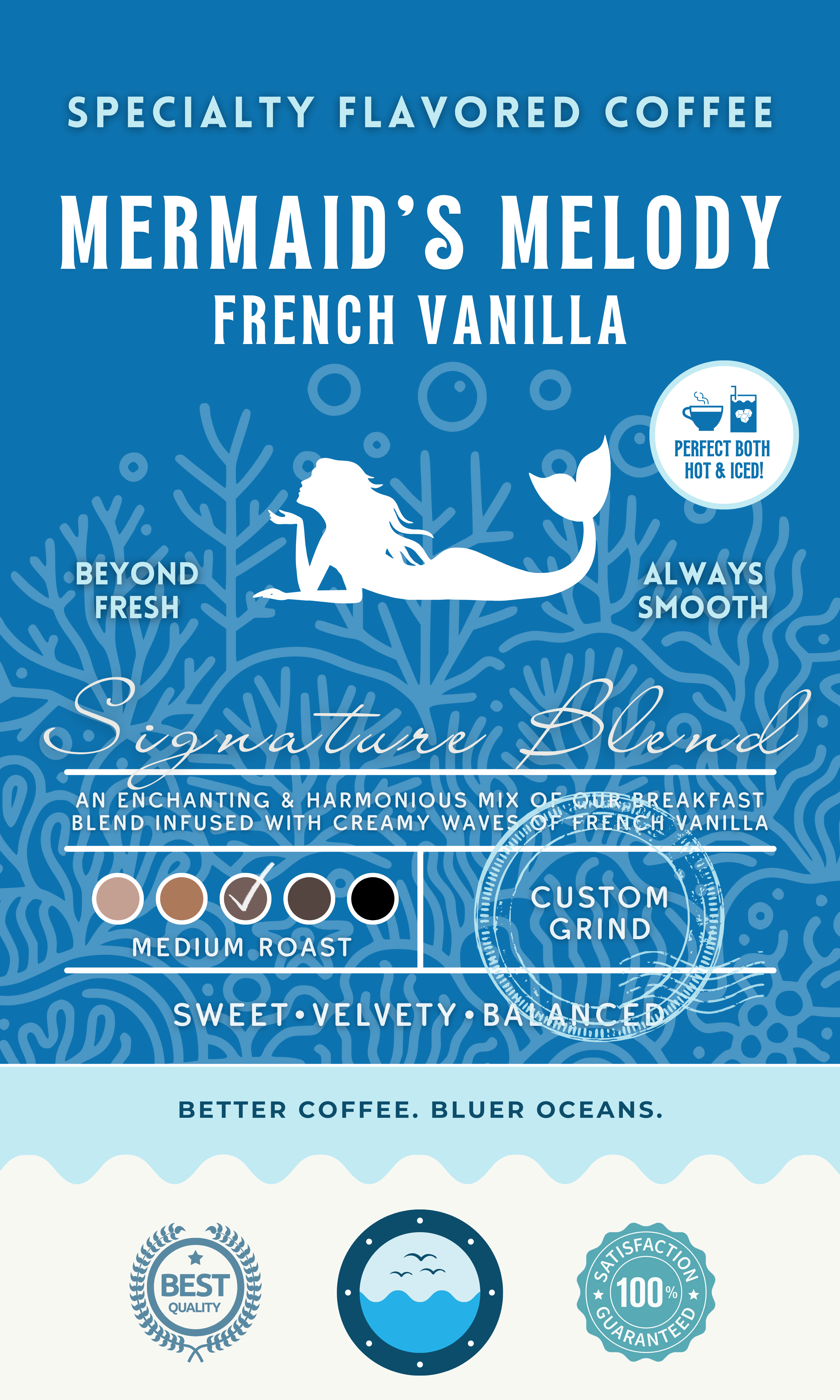 Mermaid's Melody French Vanilla coffee packaging featuring a medium roast blend infused with creamy waves of French vanilla. Eco-conscious branding supporting cleaner oceans.