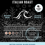 Marea Magnifica Italian Roast coffee packaging featuring an extra-dark roast signature blend with deep, elegant, and intense flavors. Eco-conscious branding supporting cleaner oceans.