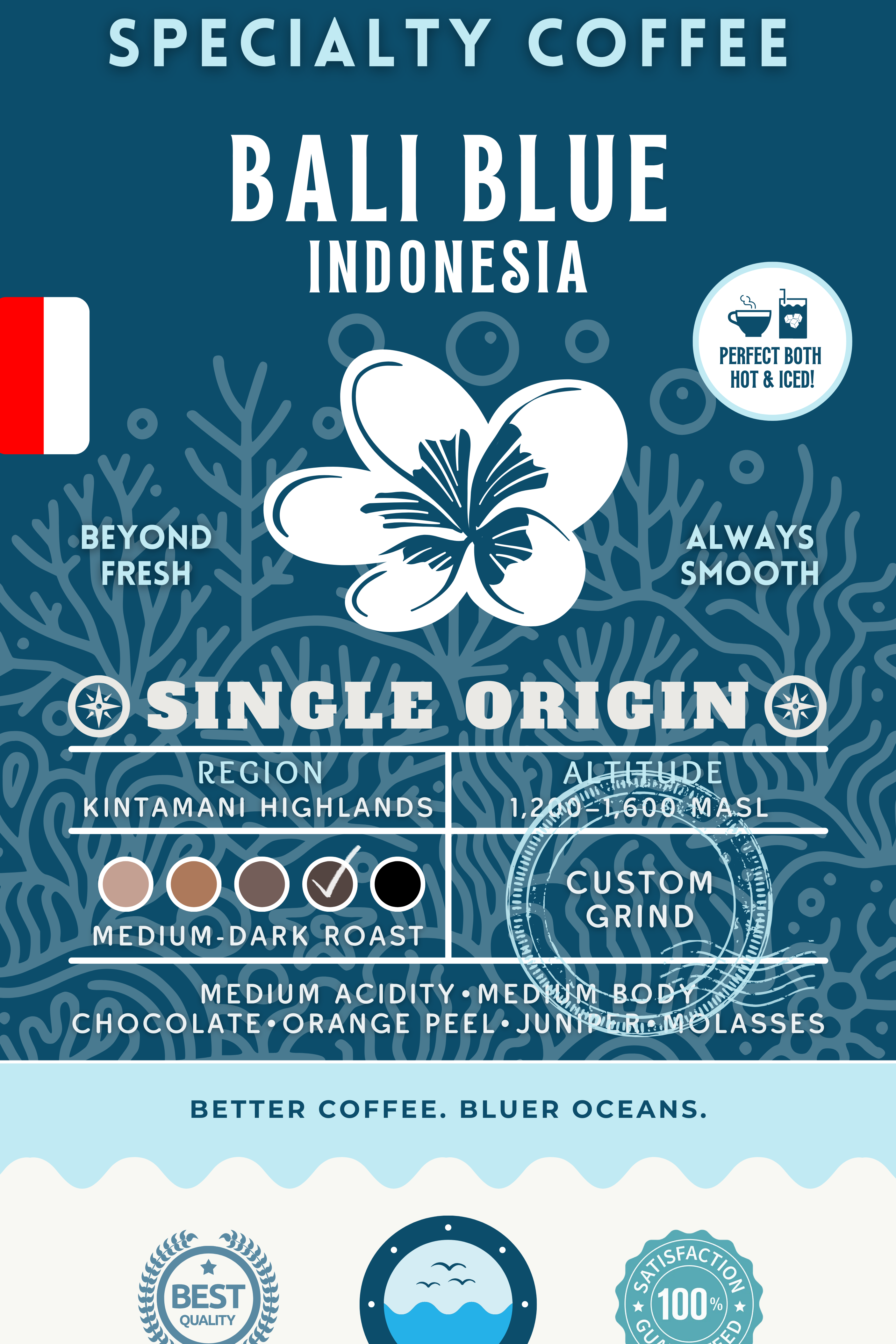 Bali Blue Indonesia Single Origin coffee packaging featuring a medium-dark roast with medium acidity and rich flavors of chocolate, orange peel, juniper, and molasses. Eco-conscious branding supporting cleaner oceans.