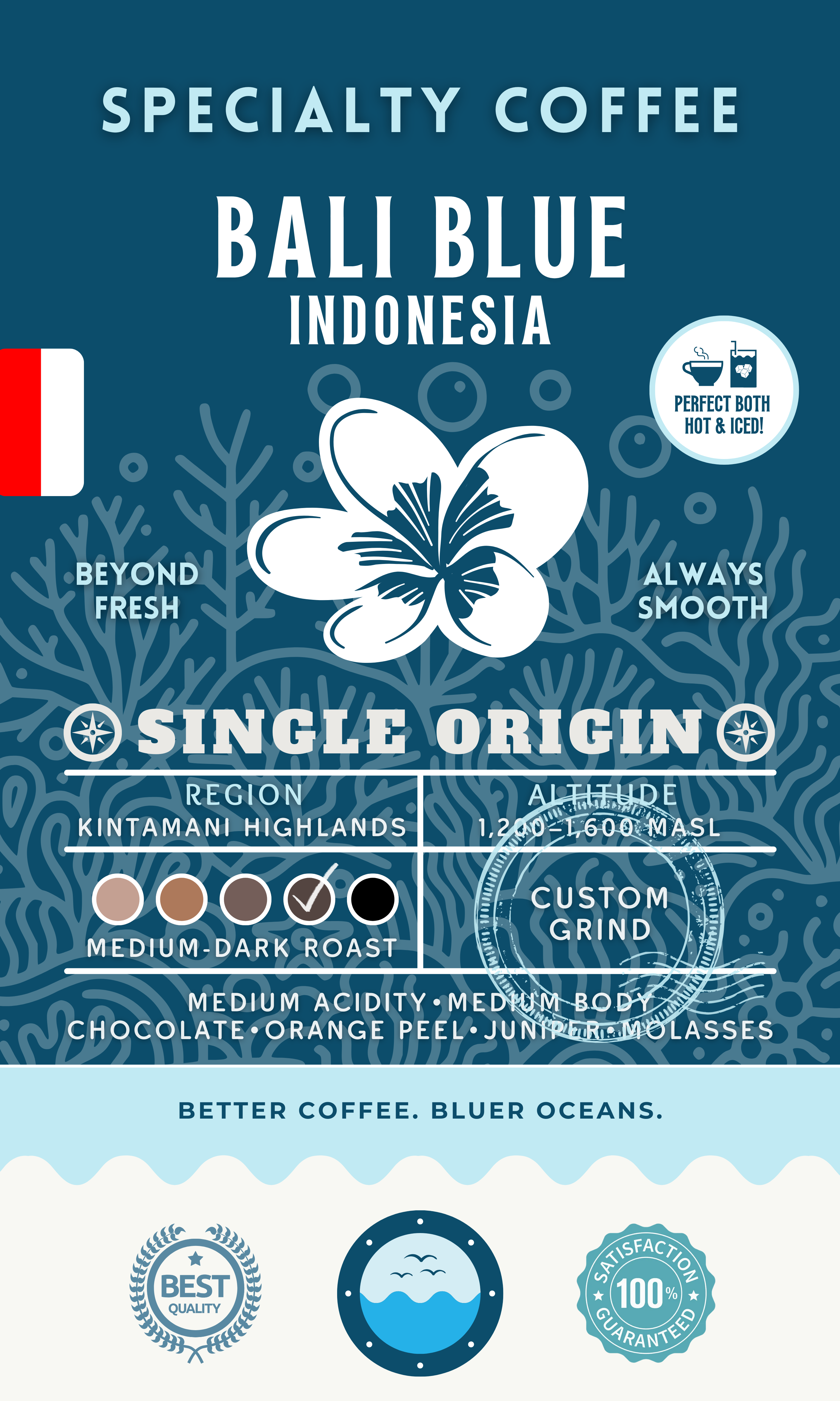 Bali Blue Indonesia Single Origin coffee packaging featuring a medium-dark roast with medium acidity and rich flavors of chocolate, orange peel, juniper, and molasses. Eco-conscious branding supporting cleaner oceans.
