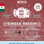 Aztec Adrift Mexico Single Origin coffee packaging featuring a medium roast with medium acidity, creamy body, and tasting notes of lemon, brown sugar, and dark chocolate. Eco-conscious branding supporting cleaner oceans.
