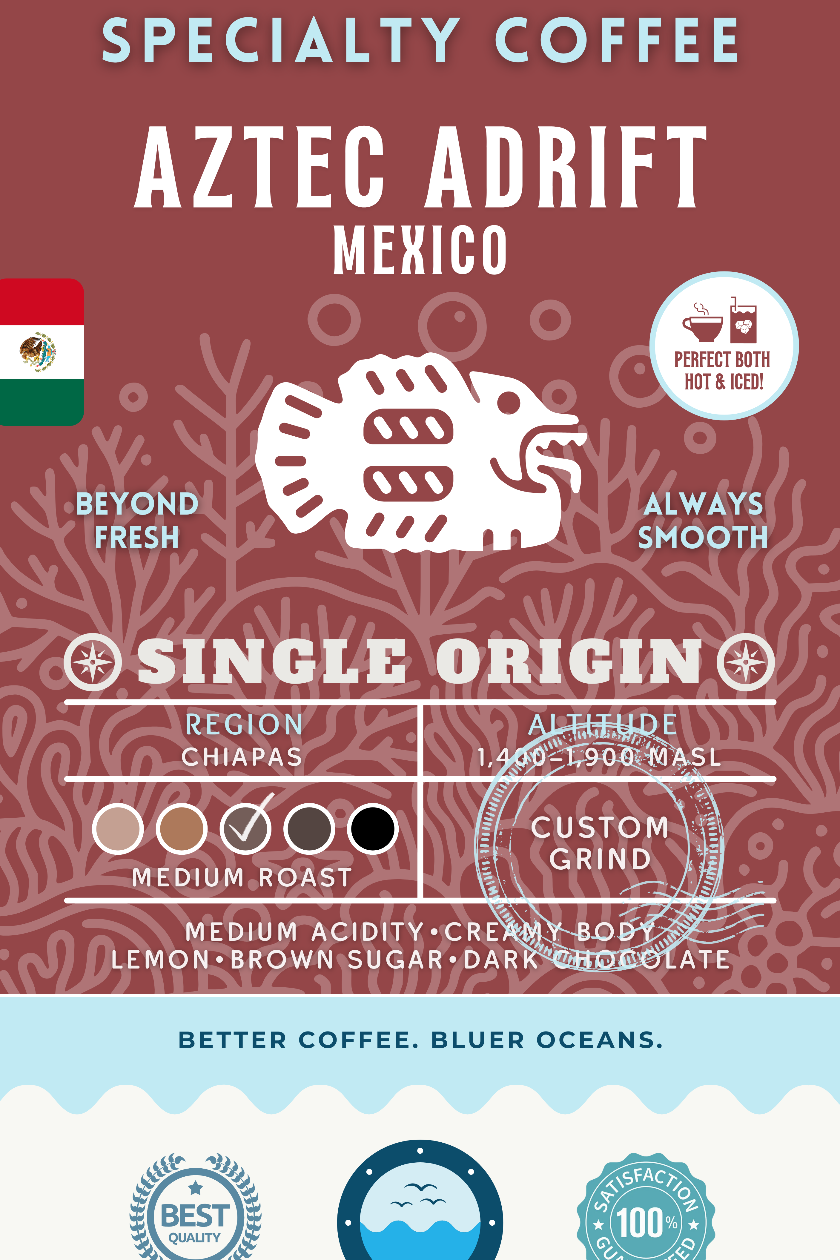 Aztec Adrift Mexico Single Origin coffee packaging featuring a medium roast with medium acidity, creamy body, and tasting notes of lemon, brown sugar, and dark chocolate. Eco-conscious branding supporting cleaner oceans.