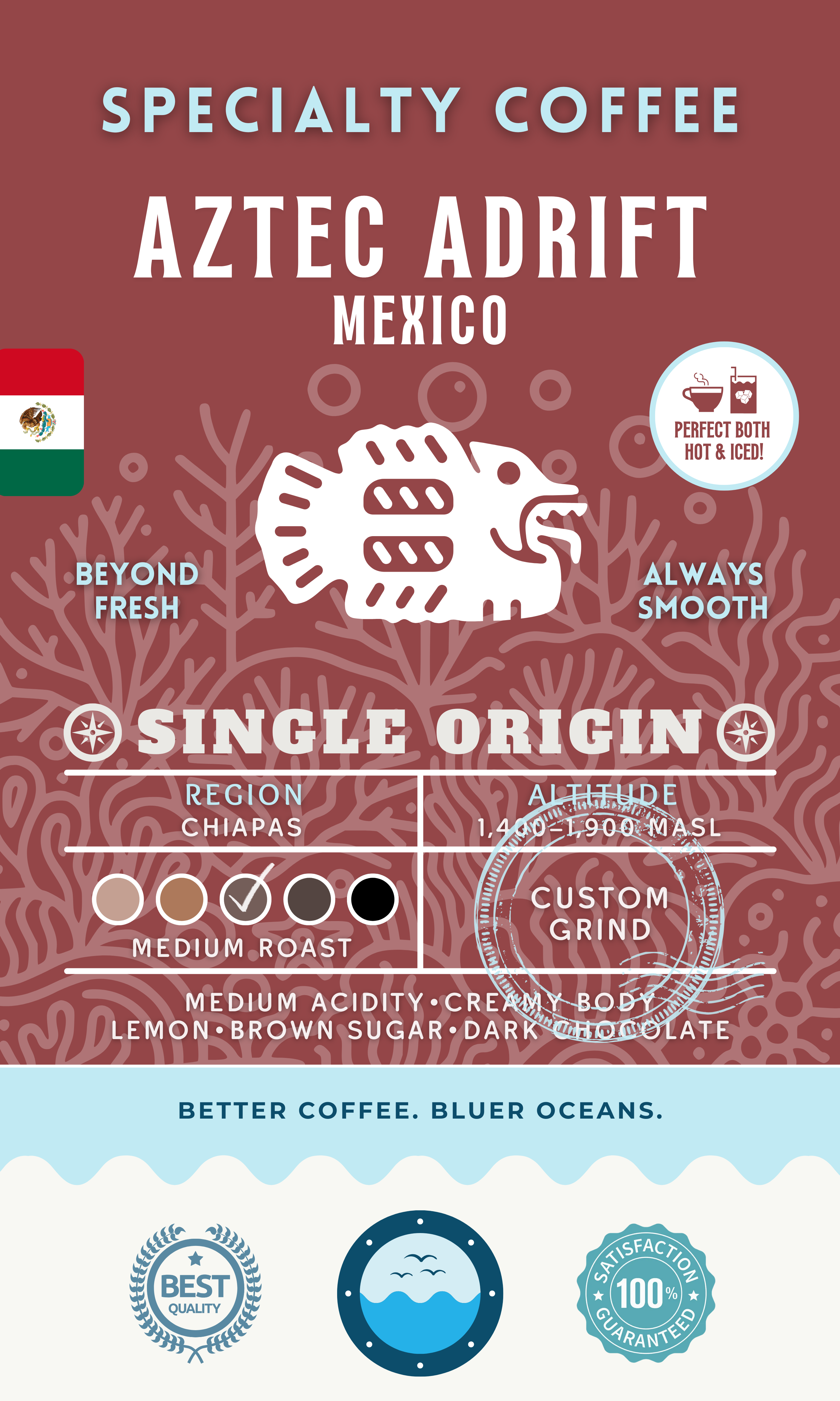 Aztec Adrift Mexico Single Origin coffee packaging featuring a medium roast with medium acidity, creamy body, and tasting notes of lemon, brown sugar, and dark chocolate. Eco-conscious branding supporting cleaner oceans.