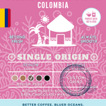 Caribbean Coast Colombia Single Origin coffee packaging featuring a medium roast with medium acidity and flavors of dark chocolate and mango. Eco-conscious branding supporting cleaner oceans.