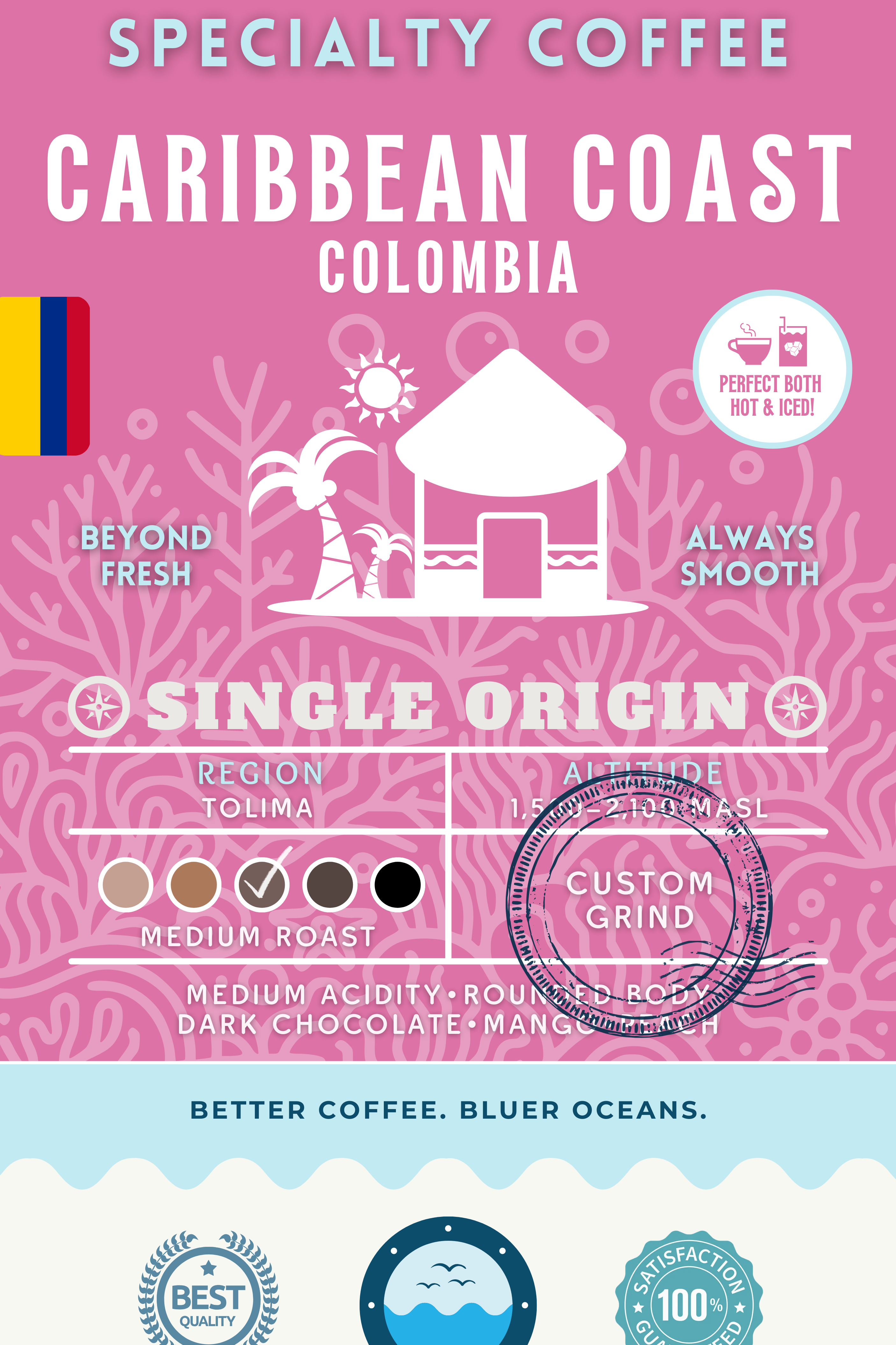 Caribbean Coast Colombia Single Origin coffee packaging featuring a medium roast with medium acidity and flavors of dark chocolate and mango. Eco-conscious branding supporting cleaner oceans.