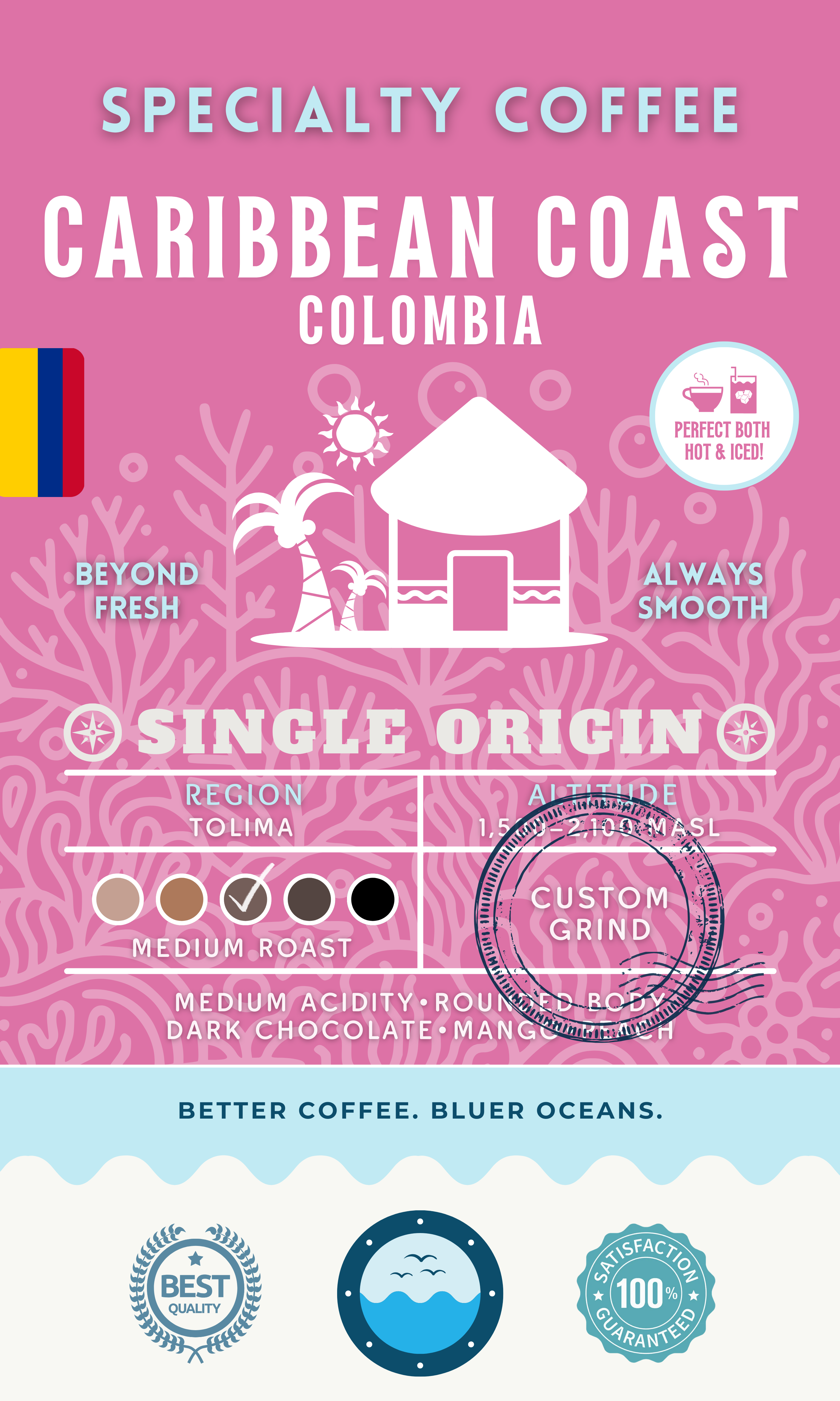 Caribbean Coast Colombia Single Origin coffee packaging featuring a medium roast with medium acidity and flavors of dark chocolate and mango. Eco-conscious branding supporting cleaner oceans.