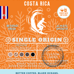Surfer’s Swell Costa Rica Single Origin coffee packaging featuring a light-medium roast with bright acidity, medium body, and notes of brown spice, brown sugar, and fruit. Eco-conscious branding supporting cleaner oceans.