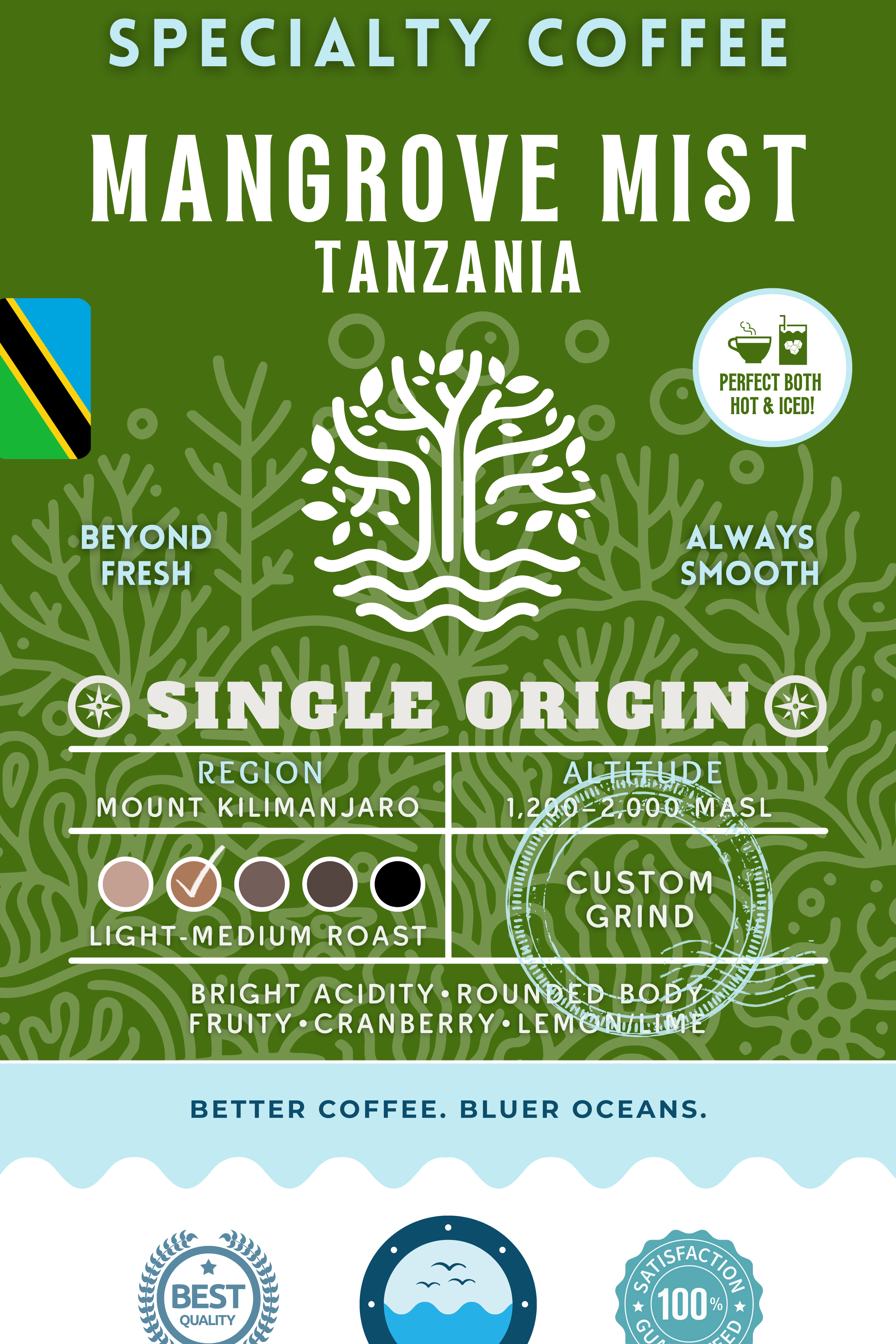 Mangrove Mist Tanzania Single Origin coffee packaging featuring a light-medium roast with bright acidity, rounded body, and tasting notes of fruity cranberry and lemon lime. Eco-conscious branding supporting cleaner oceans.