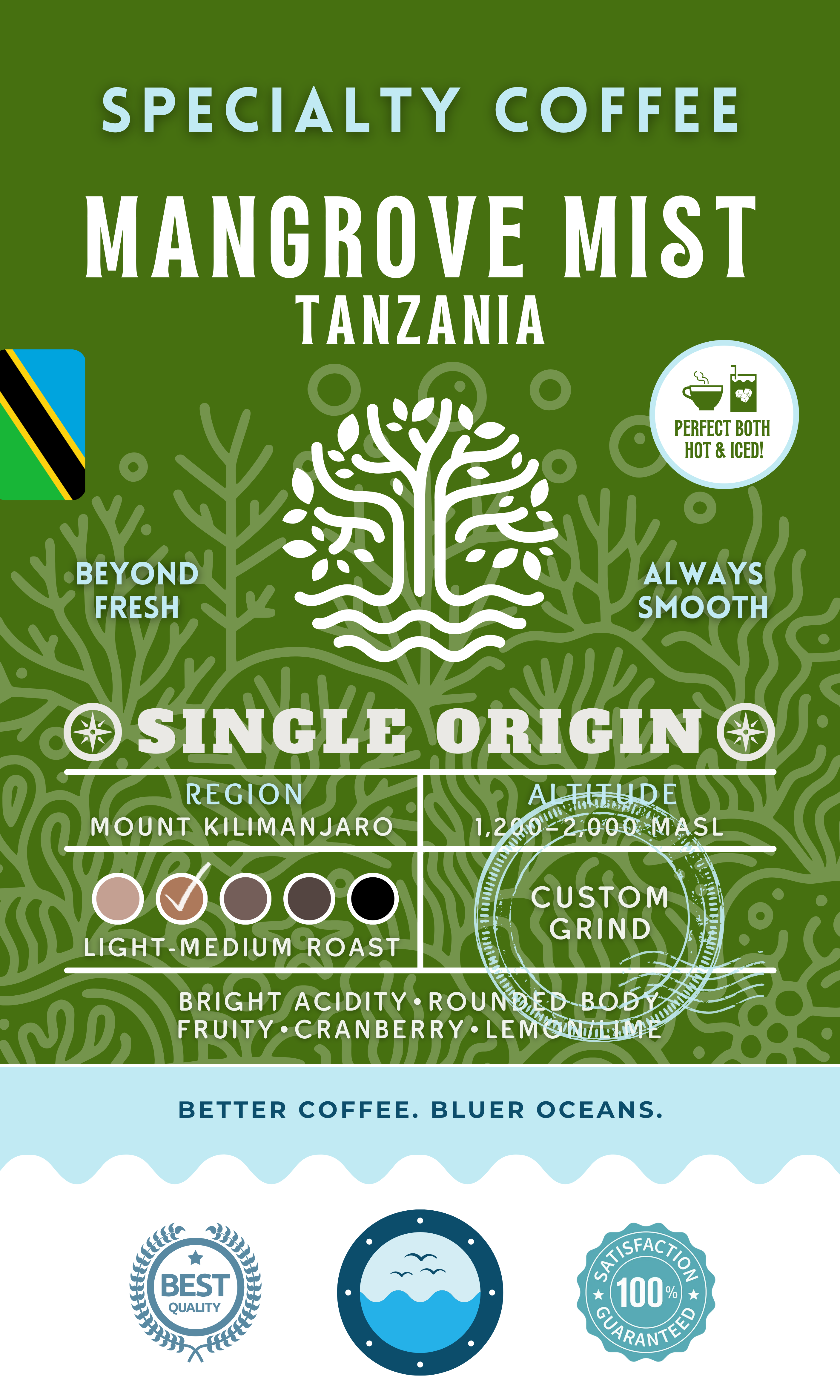 Mangrove Mist Tanzania Single Origin coffee packaging featuring a light-medium roast with bright acidity, rounded body, and tasting notes of fruity cranberry and lemon lime. Eco-conscious branding supporting cleaner oceans.