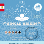 Pacific Pearl Peru Single Origin coffee packaging featuring a medium roast with medium acidity, smooth body, and tasting notes of herbal, lemon, and chocolate. Eco-conscious branding supporting cleaner oceans.