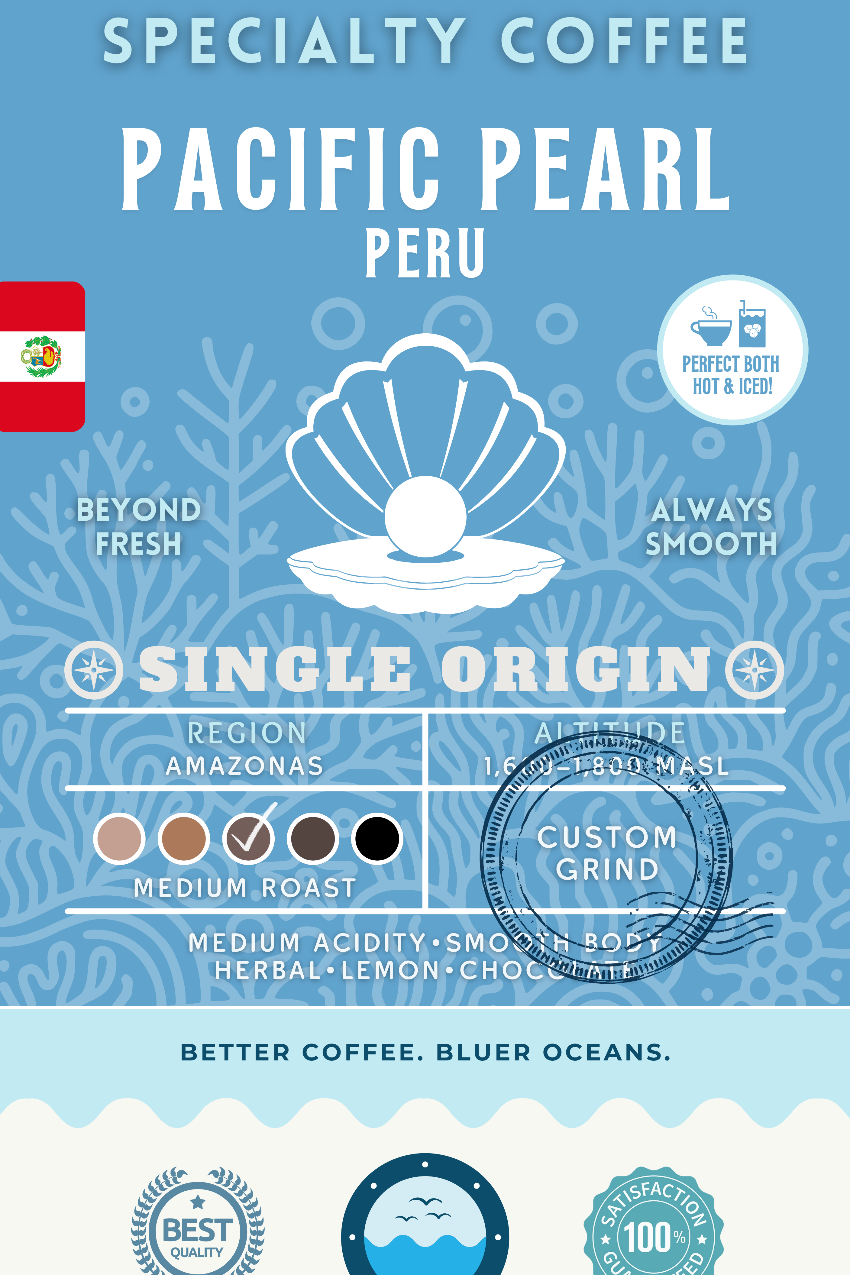 Pacific Pearl Peru Single Origin coffee packaging featuring a medium roast with medium acidity, smooth body, and tasting notes of herbal, lemon, and chocolate. Eco-conscious branding supporting cleaner oceans.