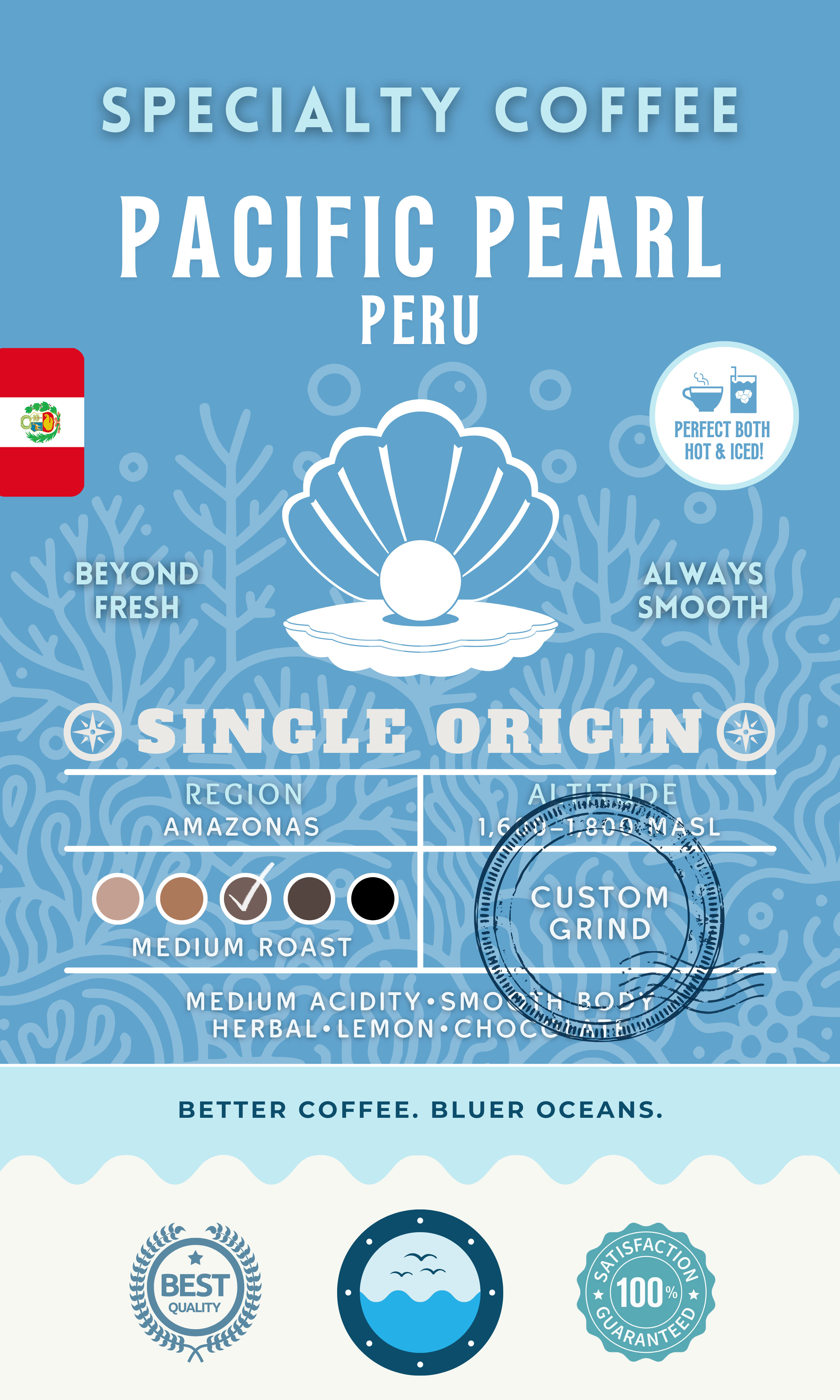 Pacific Pearl Peru Single Origin coffee packaging featuring a medium roast with medium acidity, smooth body, and tasting notes of herbal, lemon, and chocolate. Eco-conscious branding supporting cleaner oceans.