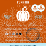 Hightide Harvest Pumpkin coffee packaging featuring a medium roast blend infused with pumpkin flavor. Eco-conscious branding supporting cleaner oceans.