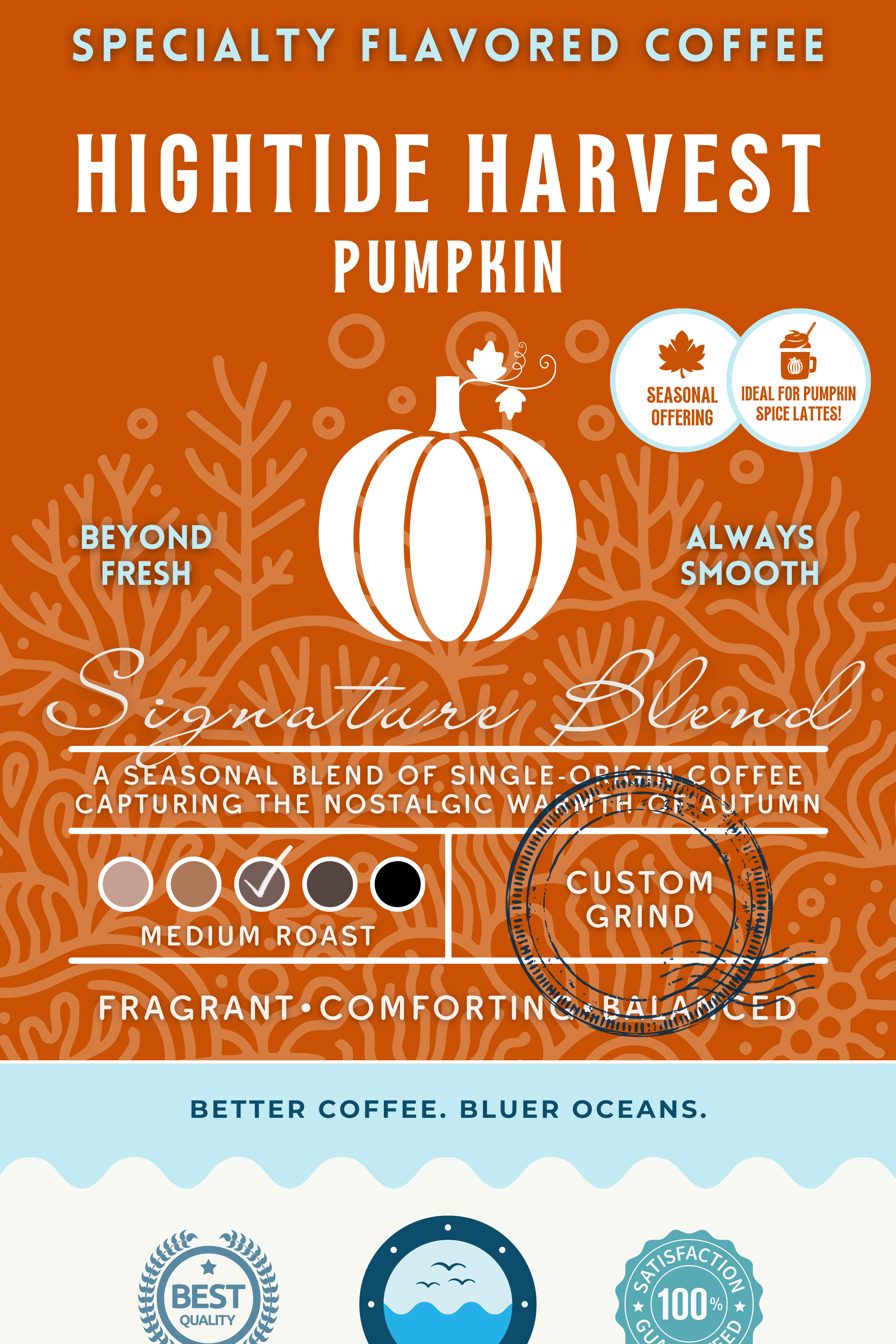 Hightide Harvest Pumpkin coffee packaging featuring a medium roast blend infused with pumpkin flavor. Eco-conscious branding supporting cleaner oceans.