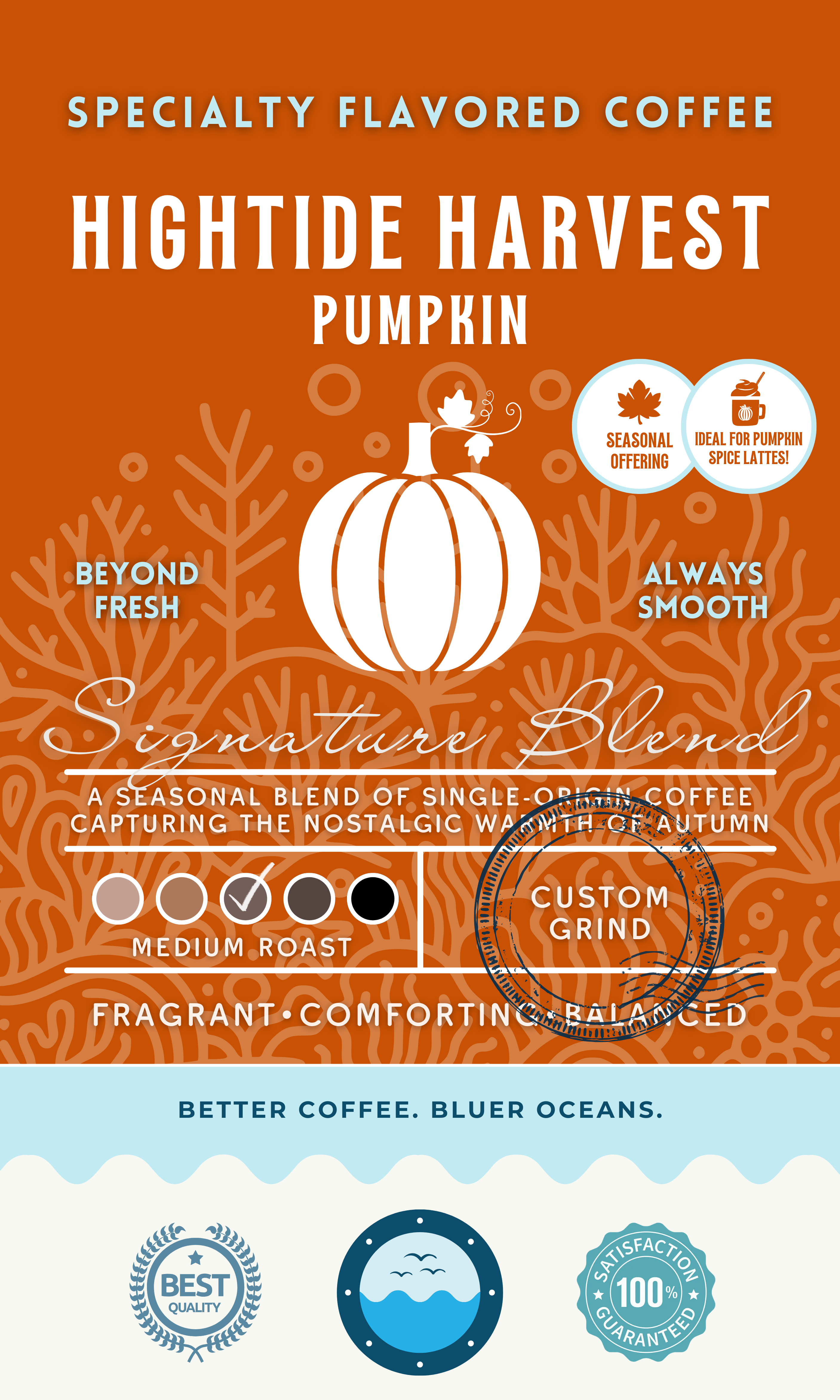 Hightide Harvest Pumpkin coffee packaging featuring a medium roast blend infused with pumpkin flavor. Eco-conscious branding supporting cleaner oceans.