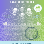 Gulfstream Glow Jasmine Green Tea packaging featuring a crisp, floral, and earthy green tea blend with freshly picked jasmine blossoms. A loose leaf artisan tea with a glowing jellyfish design and vibrant ocean gradient, perfect both hot or iced. Highlights eco-friendly values and ocean preservation messaging.