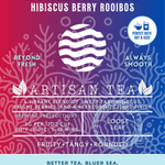 Horizon Hues Hibiscus Berry Rooibos tea packaging featuring a naturally caffeine-free herbal blend with fruity, tangy, and rounded notes. A vivid gradient design of red to blue waves and corals, emphasizing clean ingredients, ocean-friendly values, and versatility hot or iced.