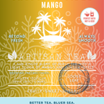 Tropical Tides Mango tea packaging featuring a fruity black tea with sweet, lively flavor and mango essence. A vibrant ocean-inspired label with palm trees and eco-conscious branding, ideal for hot or iced enjoyment.