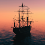 Silhouette of a majestic three-masted galleon sailing across calm, rippling water at sunset. The sky shifts from warm orange near the horizon to soft pink and violet overhead, highlighting the ship’s intricate rigging and tall masts as it glides peacefully through the tranquil sea.