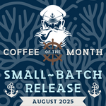 Small-Batch Release Coffee of the Month featuring a nautical design with a captain's silhouette, anchor icons, and a ship's wheel. Ocean-inspired branding for coffee enthusiasts seeking a new journey each month.