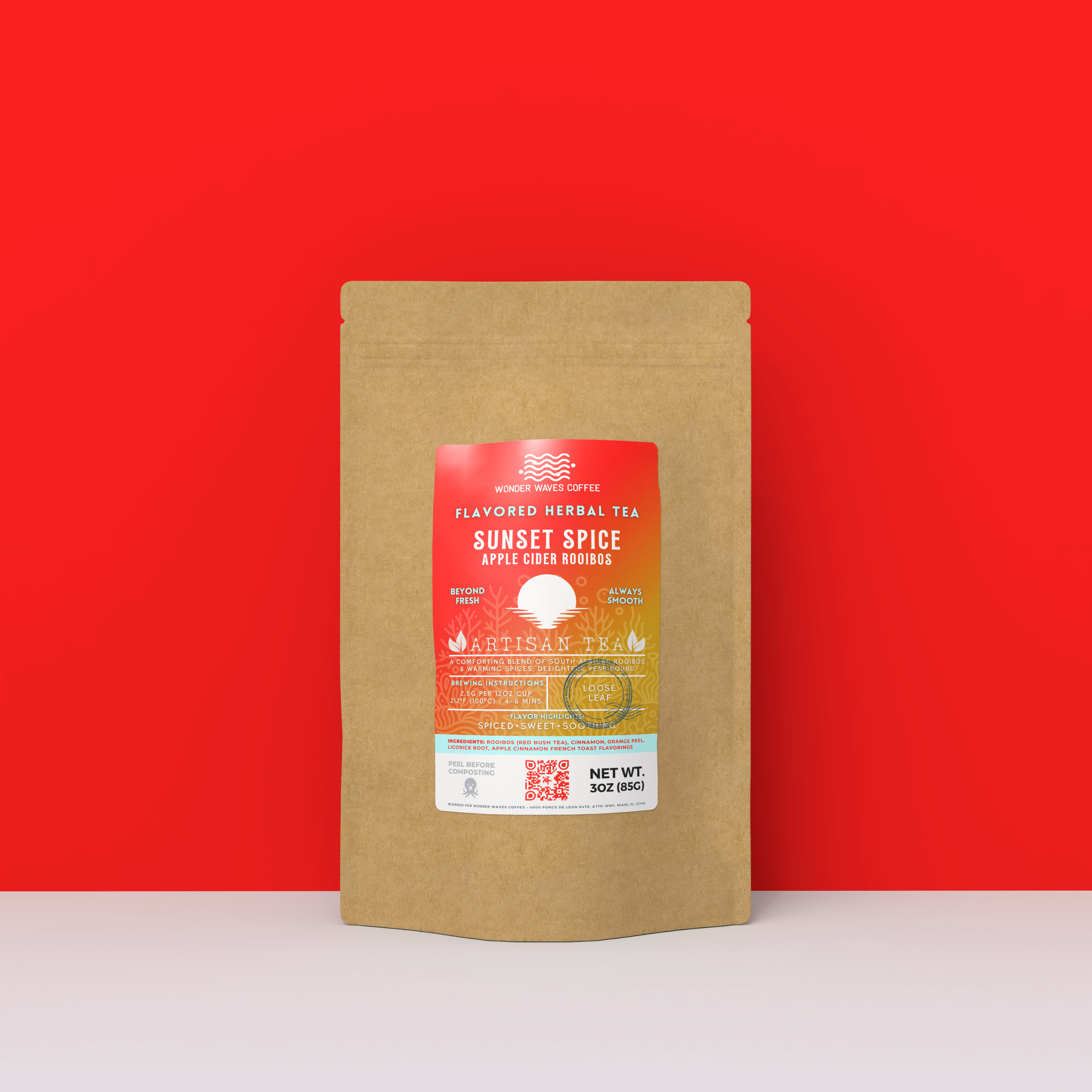 Apple Cider Rooibos artisan loose leaf herbal tea blend in eco-friendly 3oz kraft stand-up pouch packaging by Wonder Waves Coffee