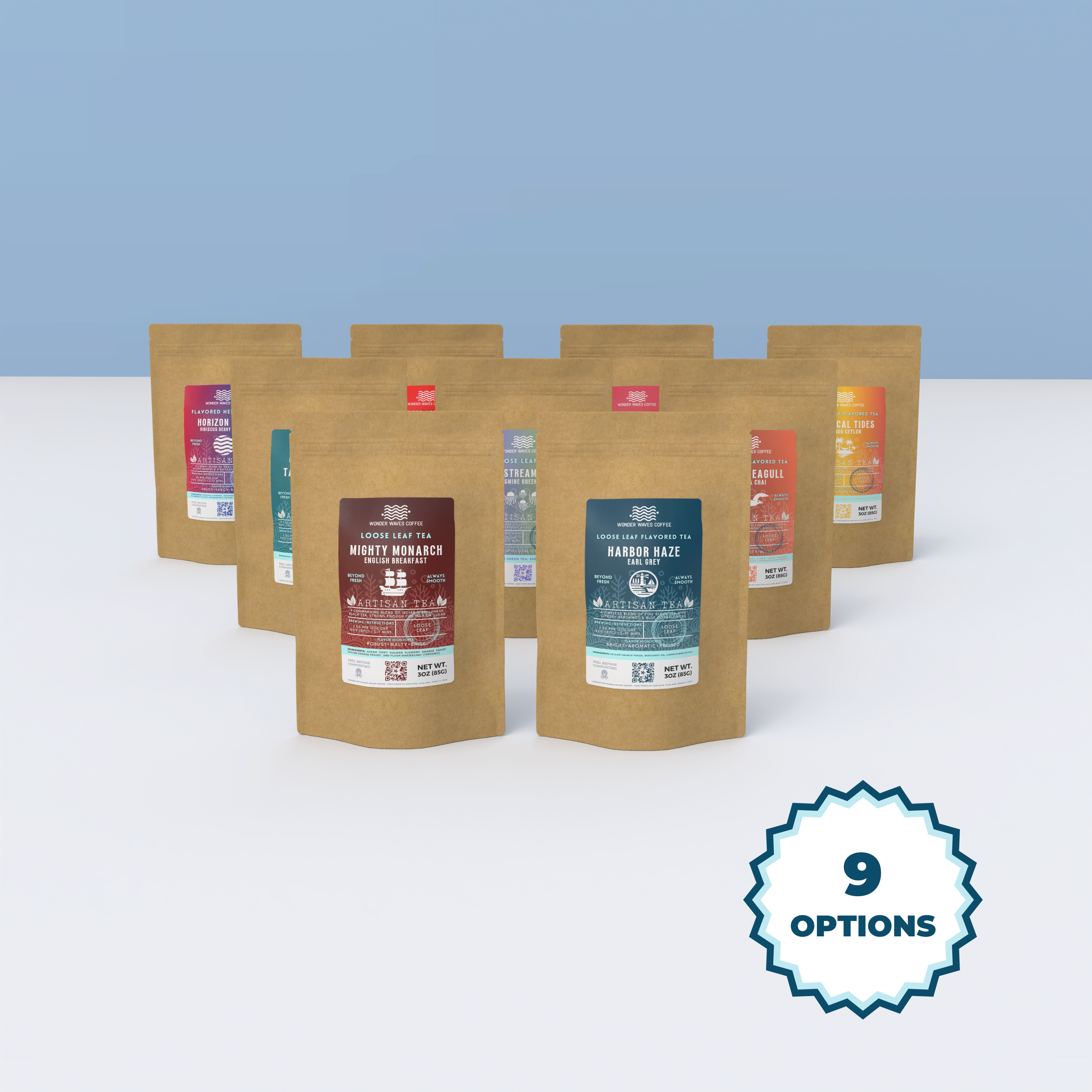 Collection of Wonder Waves Coffee artisan loose leaf tea everyday gifting bags featuring assorted black, green, and herbal blends in eco-friendly kraft packaging for corporate and group gifts