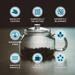 Glass teapot with loose leaf tea surrounded by quality icons highlighting carefully selected, expertly blended, plant-based artisan tea by Wonder Waves Coffee