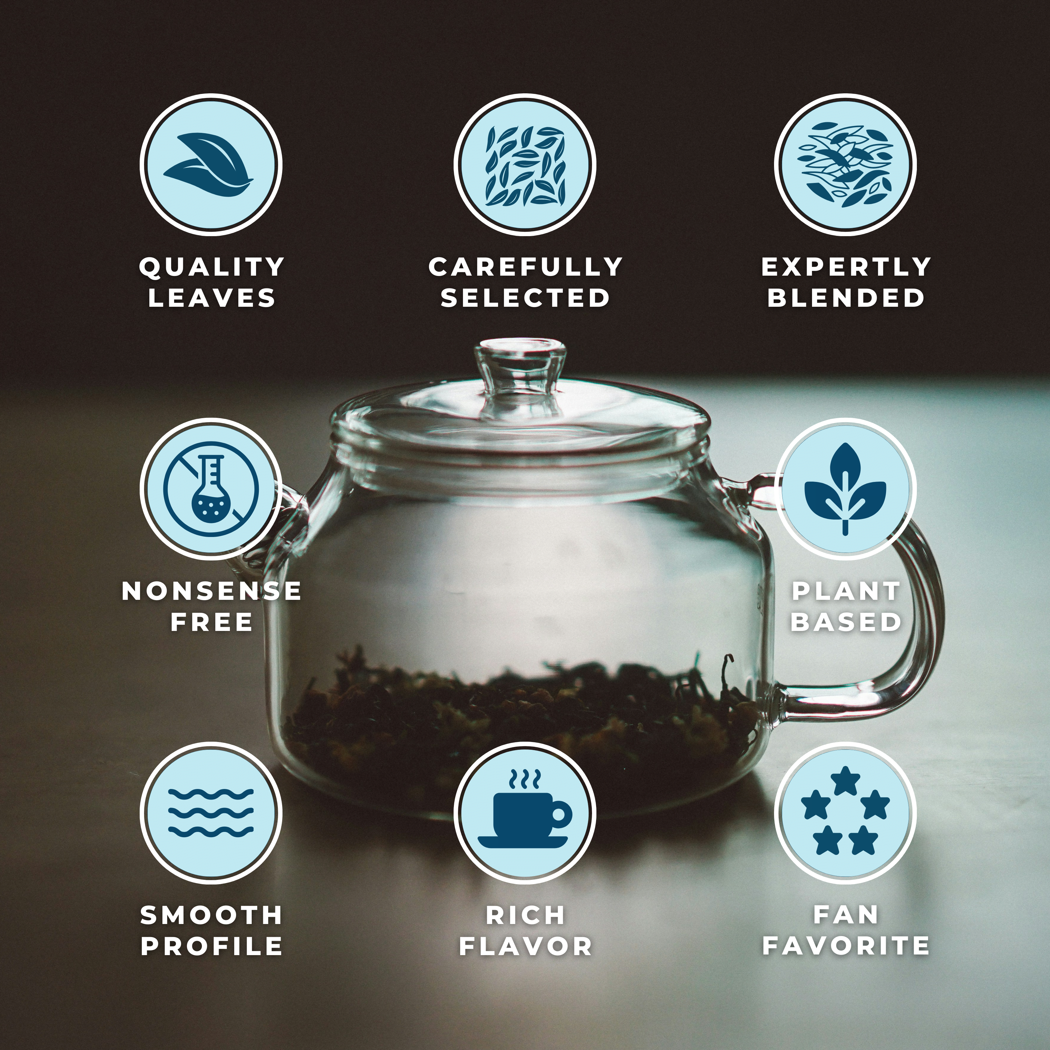 Glass teapot with loose leaf tea surrounded by quality icons highlighting carefully selected, expertly blended, plant-based artisan tea by Wonder Waves Coffee