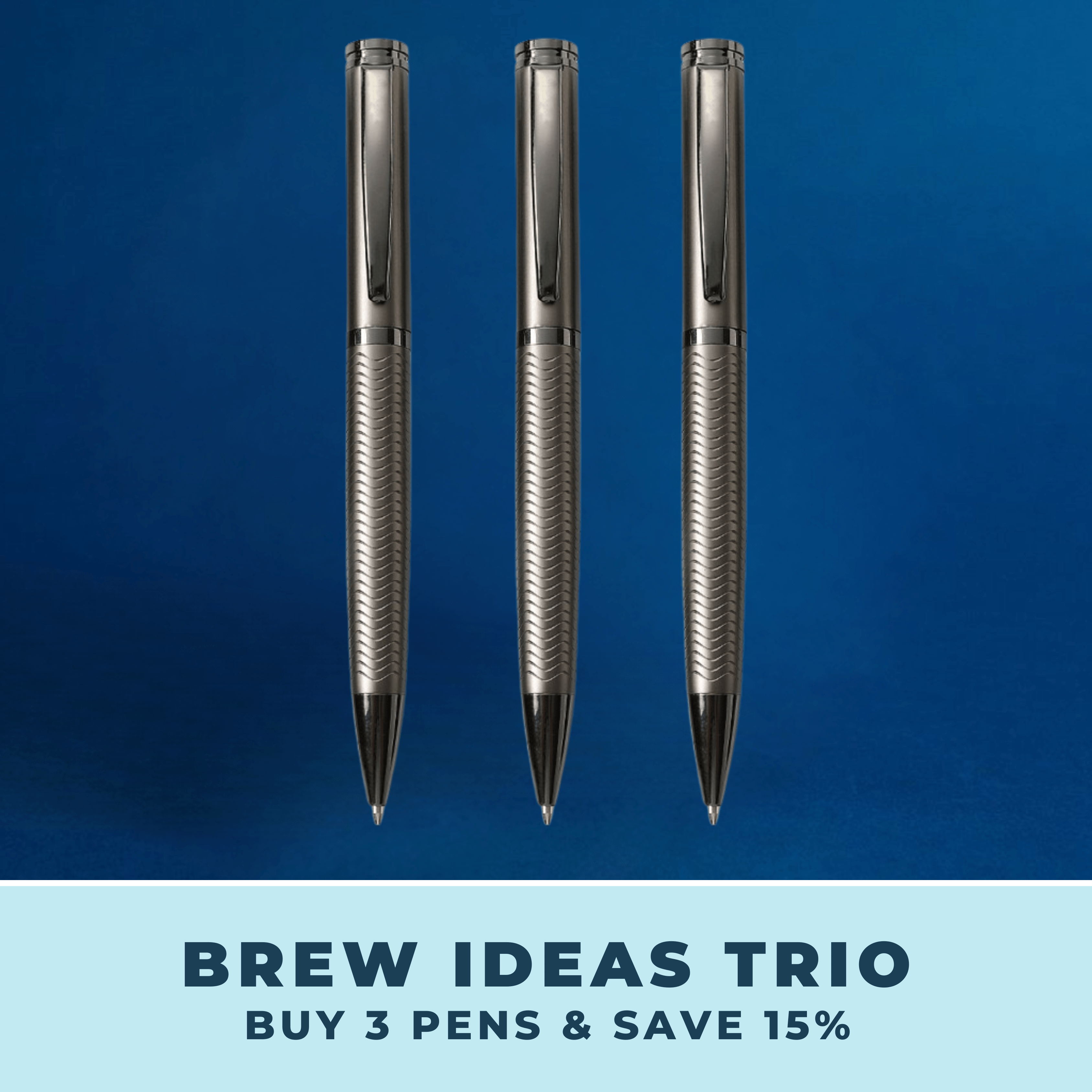 Brew Ideas Trio set of 3 textured dark chrome metal pens lined up against a blue background