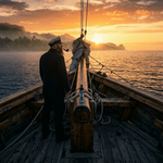 Ship captain standing at the bow of a wooden vessel at sunrise, representing Captain's Compass Coffee of the Month subscription.