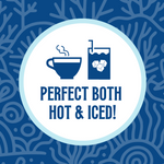 Icon featuring a steaming coffee cup and a glass with ice cubes, with the text ‘Perfect Both Hot & Iced!’ against an ocean blue coral-patterned background, highlighting the versatility of the coffee for both hot and iced preparations