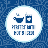 Icon featuring a steaming coffee cup and a glass with ice cubes, with the text ‘Perfect Both Hot & Iced!’ against an ocean blue coral-patterned background, highlighting the versatility of the coffee for both hot and iced preparations