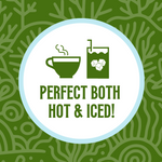 Icon featuring a steaming coffee cup and a glass with ice cubes, with the text ‘Perfect Both Hot & Iced!’ against a lush green coral-patterned background, highlighting the versatility of the coffee for both hot and iced preparations