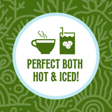 Icon featuring a steaming coffee cup and a glass with ice cubes, with the text ‘Perfect Both Hot & Iced!’ against a lush green coral-patterned background, highlighting the versatility of the coffee for both hot and iced preparations