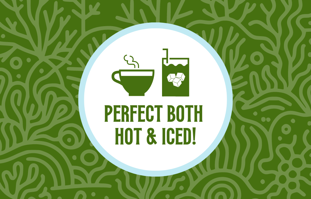 Icon featuring a steaming coffee cup and a glass with ice cubes, with the text ‘Perfect Both Hot & Iced!’ against a lush green coral-patterned background, highlighting the versatility of the coffee for both hot and iced preparations