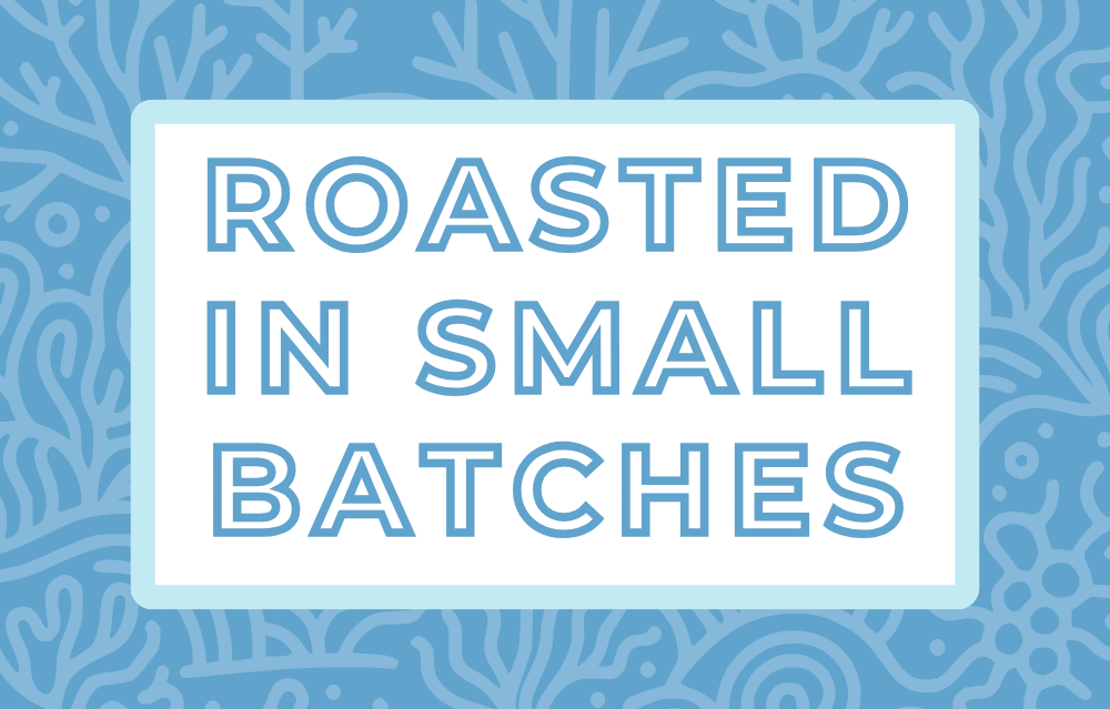 Text 'Roasted in Small Batches' on a white background, surrounded by a soft blue frame and a subtle baby blue coral-themed backdrop, highlighting the artisan and small-batch roasting process for specialty coffee