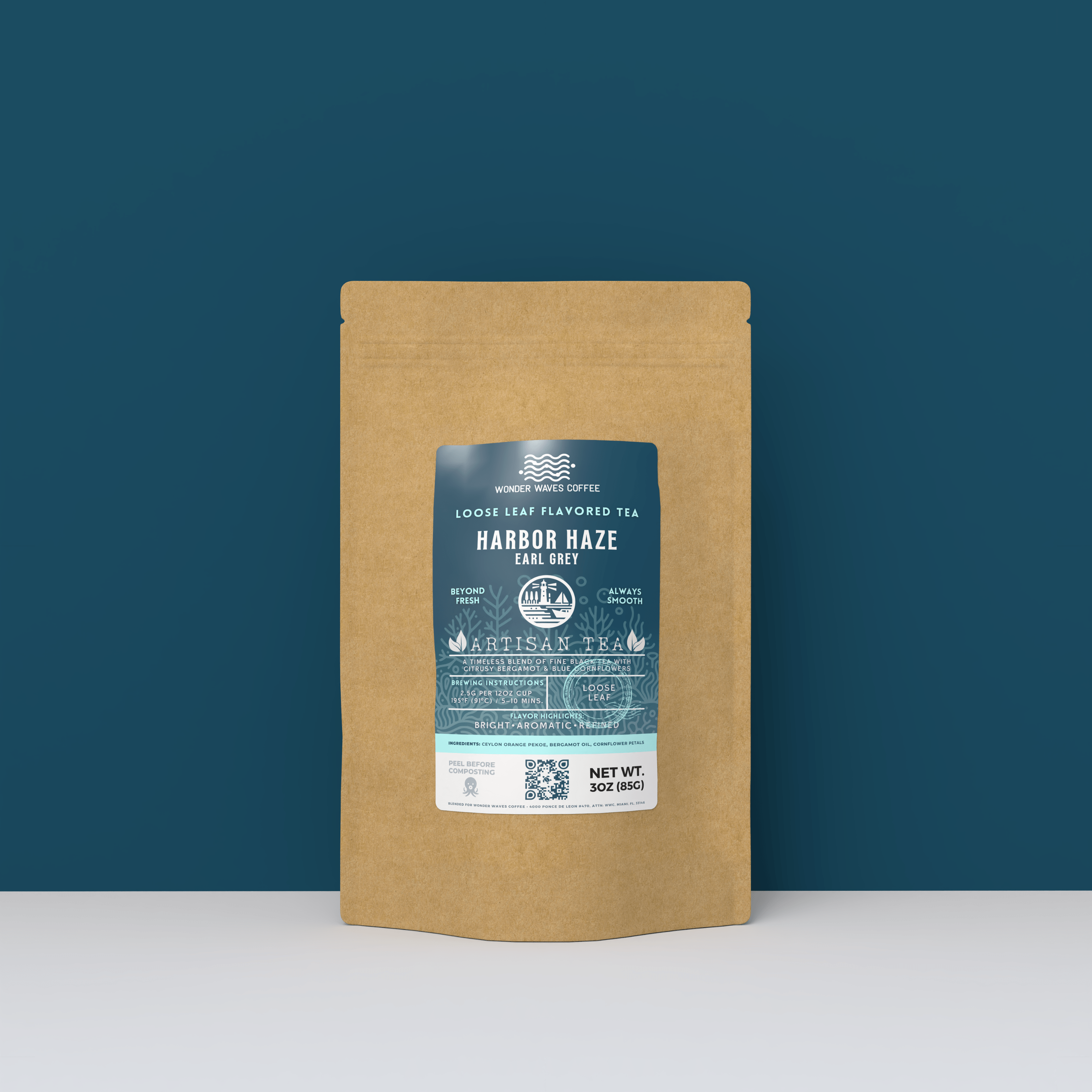 Earl Grey artisan loose leaf black tea with bergamot in eco-friendly 3oz kraft stand-up pouch packaging by Wonder Waves Coffee