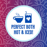 Icon featuring a steaming tea cup and a glass with ice cubes, with the text ‘Perfect Both Hot & Iced!’ against a red and blue coral-patterned background, highlighting the versatility of the tea for both hot and iced preparations