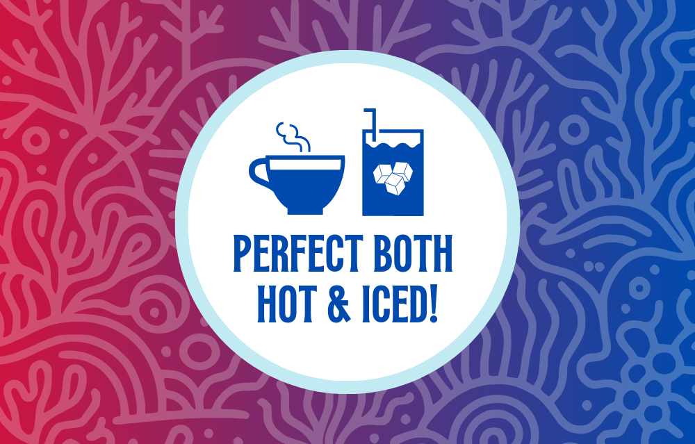 Icon featuring a steaming tea cup and a glass with ice cubes, with the text ‘Perfect Both Hot & Iced!’ against a red and blue coral-patterned background, highlighting the versatility of the tea for both hot and iced preparations